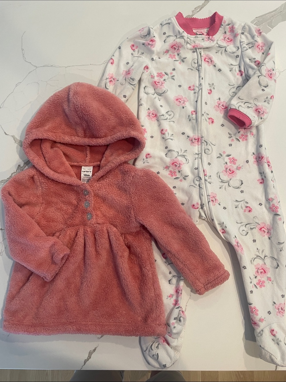 Carter's Dusty Pink Hooded Plush Top and Little Me White Floral Zip Footie